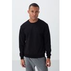 Siyah Kompakt Pamuklu Kalın Pürüzsüz Dokulu O Yaka Standart Fit Erkek Sweatshirt -88405