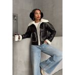 Siyah-Krem Taş Kadın Lamine Deri Ceket Modern Premium Luxury Trend Tasarım Mont - 001-Siyah
