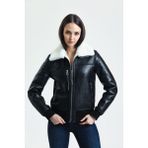 Siyah Kürk Mont, Içi Kürklü, Beyaz Kürklü, Kadın Kruvaze Lux Ceket - 110022 - 3XL