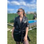 Siyah Kuşaklı Deri Blazer Ceket - 40
