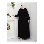 Siyah Kuşaklı Medine İpeği Ferace 140 cm Rahat Kesim Tesettür Ferace frc001-Siyah