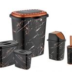 Siyah Mermer Desen 5 Parça Banyo Çamaşır Seti Kirli Sepeti+Deterjan,Calgonluk Wc Fırçası Çöp Kovası