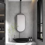 Siyah Metal Çerçeve Dikdörtgen Duvar Aynası, 40cmx70cm, Modern Çiftlik Evi Dekoru, Tavana Monte, Yuvarlak Köşeler, Yatay/Dikey Askılı