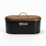 Siyah Metal Ekmek Kutusu 33x18x18 cm | Ahşap Kapaklı Büyük Hacimli Ekmeklik | Gold Kulplu Modern Mutfak Depolama Kabı | Uzun Süre Taze Saklama