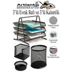 Siyah Metal Evrak Rafı 3 Lü Ve Masaüstü Kalemlik 3 Lü 1 Paket Masaüstü A4 Dosya 3 Katlı Düzenleyici Kağıt Tepsisi