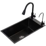 Siyah Nano Mutfak Evyesi 75x40x22 cm İnce Yan Lavabo Paslanmaz Çelik 304 7 Aksesuarlı Ev Tezgahı Lavabo Modern Tasarım Şık Mutfaklar için
