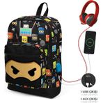 Siyah Ninja Desenli Çocuk Sırt Çantası, Dört Bölmeli, USB Şarjlı, Okul Için Ideal - Seçenek 1 - Ahşap