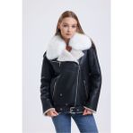 Siyah Oversize Deri Ceket, Özel Kürk Yakalı, Kemerli, Lüks Tasarım, Kürklü - 112022 - XS