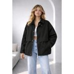 Siyah Oversize Kadife Yaka ve Çıtçıt Detaylı Unisex Mevsimlik Mont&ceket