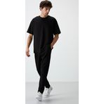 Siyah Pamuklu Kalın Yumuşak Dokulu Oversize Fit Basic Erkek Eşofman Takım - 85251