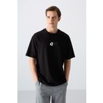 Siyah Pamuklu Kalın Yumuşak Dokulu Oversize Fit Baskılı Erkek T-Shirt - 88350