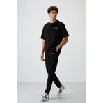 Siyah Pamuklu Kalın Yumuşak Dokulu Oversize Fit Nakışlı Erkek Eşofman Takım - 85252