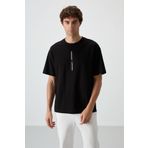 Siyah Pamuklu Kalın Yüzeyi Dokulu Oversize Fit Baskılı Erkek T-Shirt - 88366