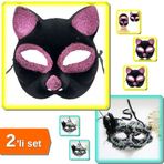 Siyah Pembe Simli Kedi Maskesi + İnci İşlemeli Taşlı Dantelli Parti Maskesi - 2li Set Z9A6T8