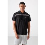 Siyah Polyester Nefes Alan Dokulu İnce Esnek Standart Fit Polo Yaka Erkek Performans T-Shirt - 88392