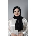 Siyah Pratik Hazır Geçmeli Tesettür Şal Örme Kumaş Taşlı Çiçek Desenli 2118C_01