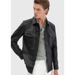 Siyah Regular Fit Gömlek Yaka Casual Koyun Derisi Deri Mont