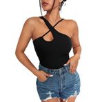 Siyah Renk Asimetrik Yaka Düz Desensiz İnce Çarpaz Askılı Likralı Fitilli Kaşkorse Crop Top Bluz