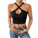 Siyah Renk Degaje Yaka Düz Desensiz Çarpaz Askılı Likralı Fitilli Kaşkorse Crop Top Bluz (Siyah, S)