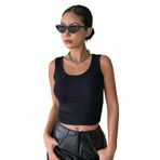 Siyah Renk Kalın Askılı Kare Yaka Düz Desensiz Fitilli Likralı Kaşkorse Crop Top Bluz (Siyah, S)