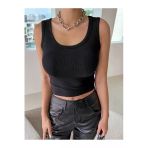 Siyah Renk Kalın Askılı Kare Yaka Düz Desensiz Fitilli Likralı Kaşkorse Crop Top Bluz
