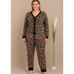 Siyah Renkli ve Leopar Desenli 11425 Kadın Uzun Kol Önden Düğmeli Büyük Beden Anne Pijama Takımı - 2XL