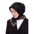 Siyah Şerit Leopar Desen Twill İpek Eşarp