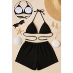 Siyah Şortlu Belden Ve Boyundan Bağlamalı Bikini Takımı