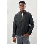 Siyah Suni Deri Hakim Yaka Düz Yırtmaçsız Tam Astar Slim Fit Casual Deri Mont 1038245152