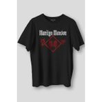 Siyah T-Shirt Marilyn Manson Logo Kalp Rock Metal Müzik Baskılı Unisex Kısa Kollu Tişört - XL