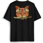 Siyah Unisex Cat Sushi Japanese Vintage Sokak Sırt Ön Baskılı Oversize Tişört - 2XL