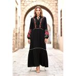 Siyah V Yaka Balon Kollu Çiçek Nakışlı Uzun Elbise
