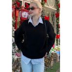 Siyah V Yaka Oversize Kadın Triko Kazak MG2149 - L