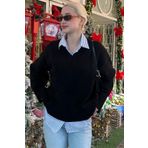 Siyah V Yaka Oversize Kadın Triko Kazak MG2149