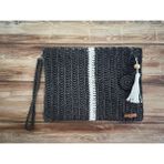 Siyah ve Beyaz Clutch , Portföy, El Yapımı, Astarlı, Tahta Boncuk, Çiçek ve Püskül Aksesuarlı Çanta