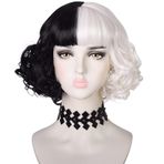 Siyah ve Beyaz Peruk Kısa Dalgalı Sentetik Peruklar Kısa Dalgalı Omuz Uzunluğu Kadınlar Tam Patlama Isıya Dayanıklı Cadılar ı Sihir Gösterisi Cosplay için