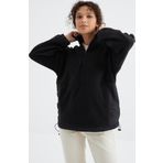 Siyah Yarım Fermuar Etek Ucu Büzgülü Dik Yaka Oversize Kadın Polar Sweatshirt - 97236