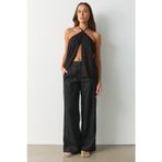 Siyah Yüksek Bel Keten Wide Leg Pantolon MG2718