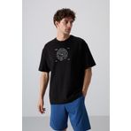 Sıyah/Beyaz Pamuklu Kalın Yumuşak Dokulu Oversize Fit Baskılı Erkek T-Shirt - 88324 | L