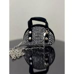 Siyah(Beyaztaş) Süet Kumaş, Tek Bölmeli, Zincir Askılı,fermuarlı, Taşlı, Mini El ve Omuz Çantası 10 cm - 10x7 - Siyah - Beyaz