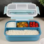Sızdırmaz Contalı Yemek Kabı - 4 Bölmeli Çatal Kaşıklı Diyet Beslenme Kutusu Lunch Box Mavi