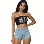 Skateboard Frog Y2K grafik baskı askısız tüp üst kapalı omuz Backless Bandeau tankı Goth Harajuku kırpma korse üst kadın estetik giysi, T09-684 Siyah, S