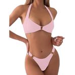 SKAYS Kadın seksi iki parçalı Bikini setleri üçgen mayolar yivli yular yüzük şık yüksek kesim tanga mayo banyo, Açık pembe, S