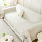 Skcess Yastık Kılıfı, Kremsi Beyaz Şönil Mobilya Kılıfları İngiliz Harfleri Baskılı Düz Renk Saçaklı 2 Kişilik (180 x 260 cm)