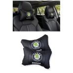 Skoda Auto Nakış İşlemeli Ortopedik Lüks Araç Seyahat Deri Oto Boyun Yastığı - Siyah 2'Li Set