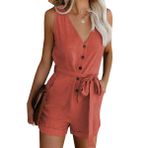 Skrsila Kadın Tulum, Yazlık, Kısa, Şık Tulum, Kolsuz V Yaka Düğmeli Playsuit Kemer ve Cepli Tek Parça Yüksek Bel Tek Renkli Romper, Turuncu, XXL