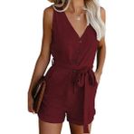 Skrsila Kadın Tulum, Yazlık, Kısa, Şık Tulum, Kolsuz V Yaka Düğmeli Playsuit Kemer ve Cepli Tek Parça Yüksek Bel Tek Renkli Romper, Weinrot, L