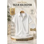 SKYBEAR Beyaz Erkek %70 Pamuk Oversize Kısa Kollu Premium Kalite Fitilli Gömlek