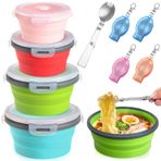 Skybooly 4 Set Kapaklı Kamp Kasesi Katlanabilir Silikon Kase Katlanabilir Paslanmaz Çelik Çatal Salata Kasesi Seyahat Pikniği Kamp Gereçleri için Taşınabilir Katlanır Çatal Seti (Klasik Renkler, 4