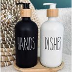 Skygo 2’li Hands Dishes Siyah Beyaz Dekoratif Mutfak Banyo Sıvı Cam Sabunluk Seti 500ML Bambu Stantlı Set